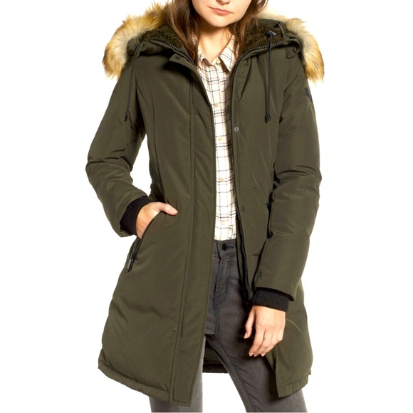 Sam Edelman Down Faux Fur Trim Hooded Jacket Olive Green Small